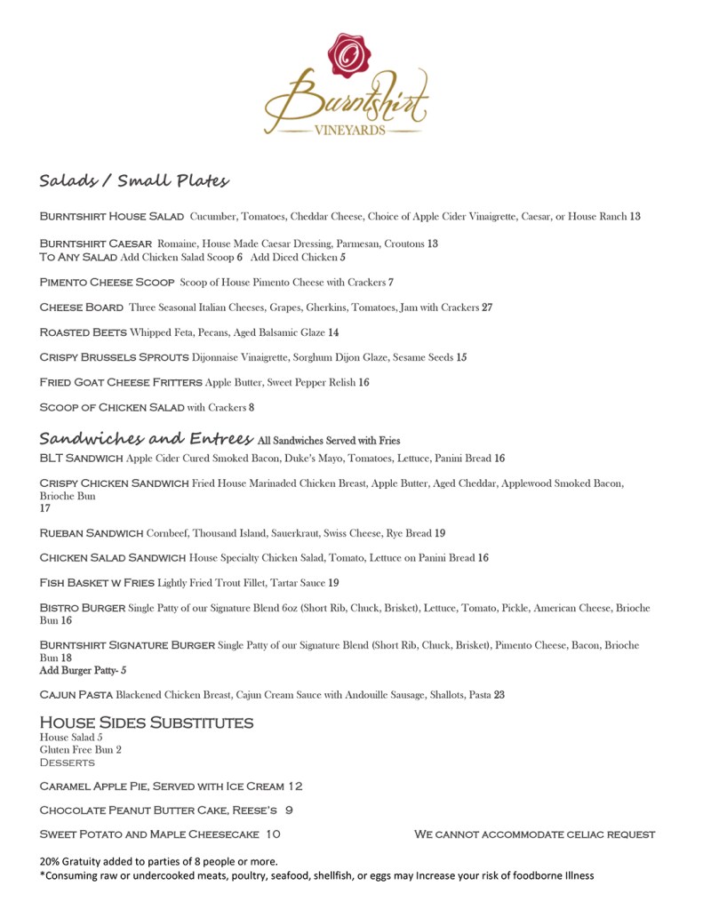 Vintner's Table Menus - Burntshirt Vineyards